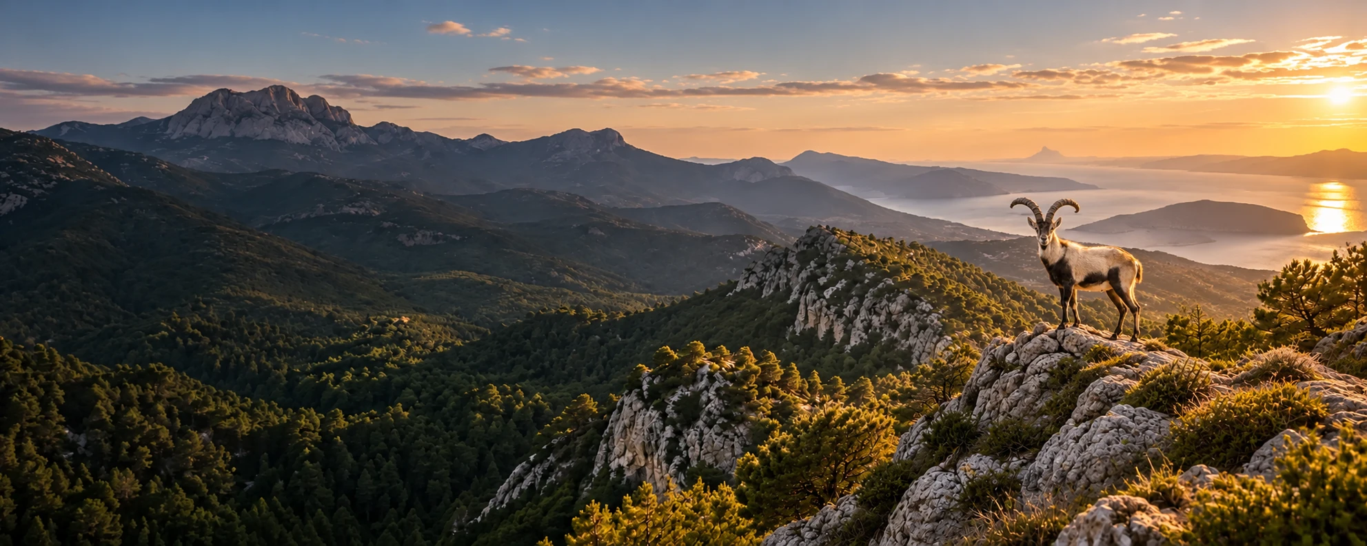 macho montés en un paisaje de montaña al atardecer